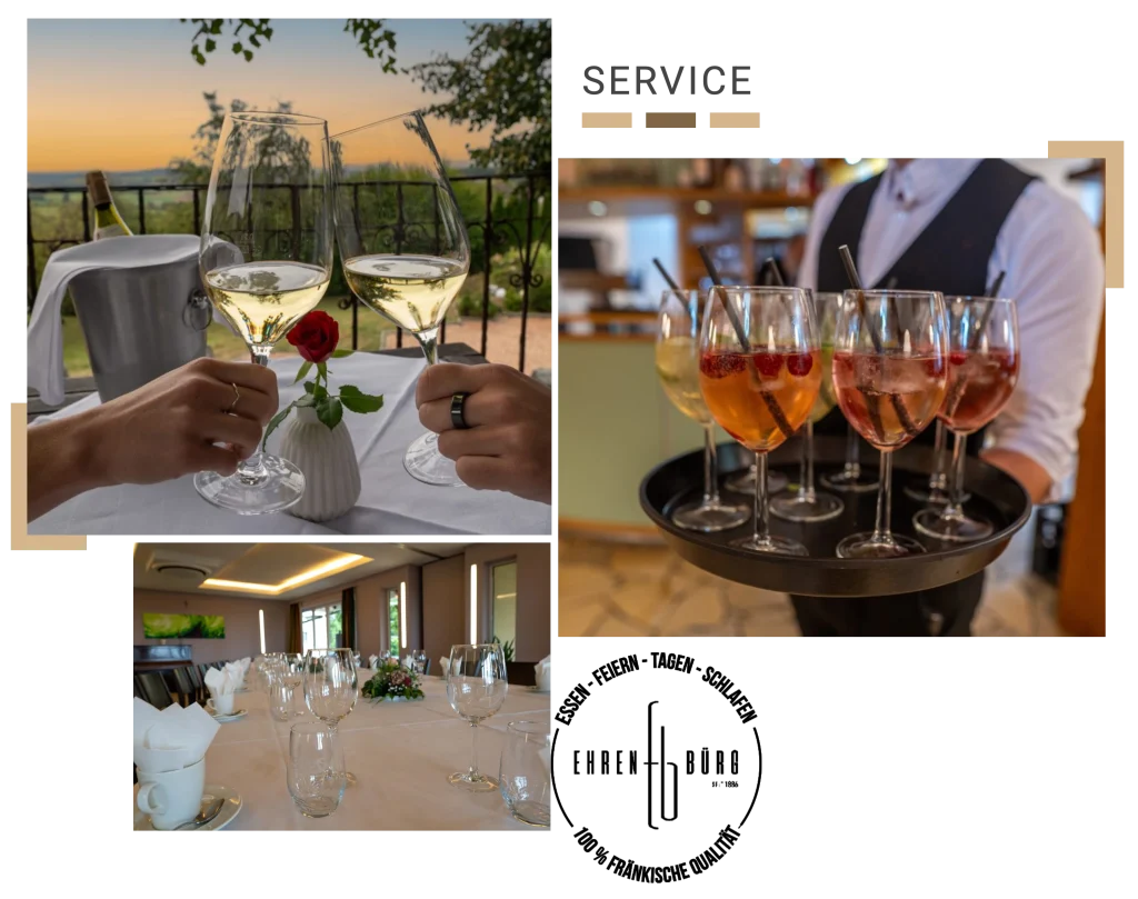 Anstoßen mit Weißwein auf der Terrasse, Servicekraft mit Aperitifgläsern und festlich gedeckter Tisch in der Ehrenbürg bei Forchheim.