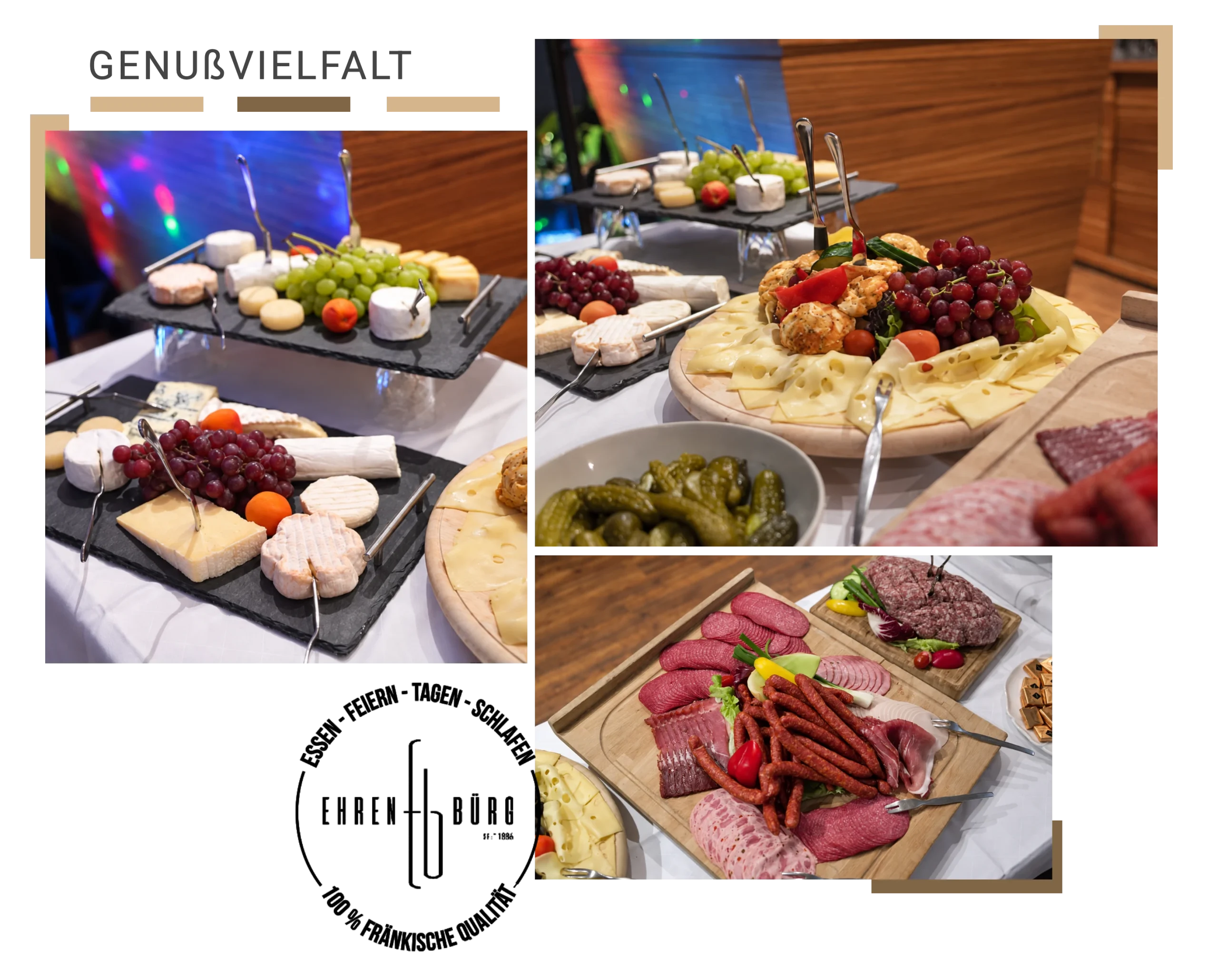 Hochzeitsbuffet der Ehrenbürg bei Forchheim mit verschiedenen Käsesorten, Trauben, herzhaften Spezialitäten und Beilagen.