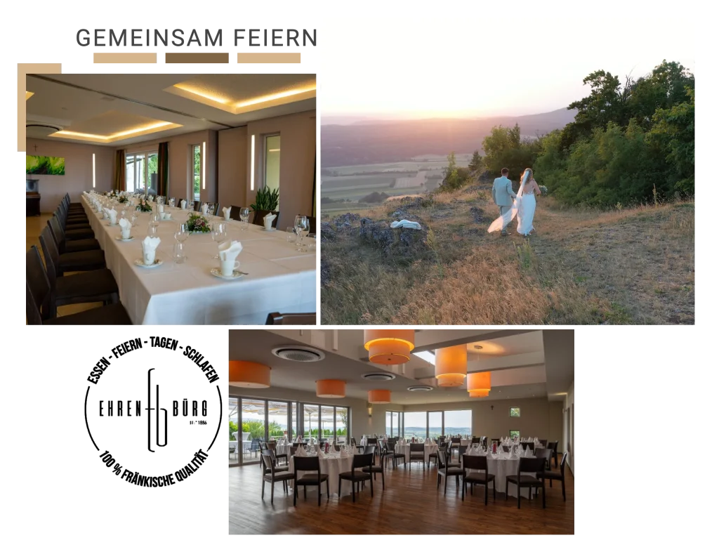 Festtafel, Hochzeitspaar in der Natur und Festsaal der Ehrenbürg – Hochzeitslocation bei Forchheim in Oberfranken.
