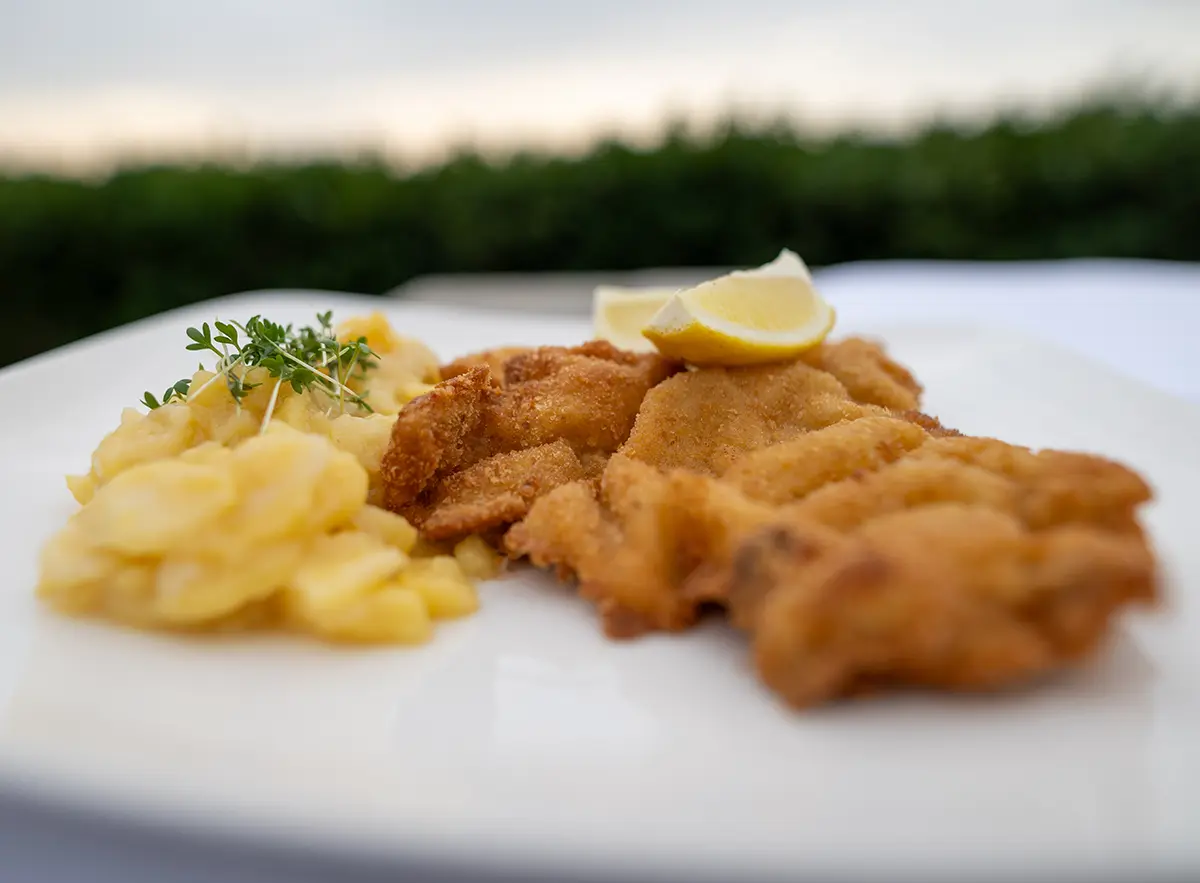 Goldbraunes Kalbsschnitzel mit Kartoffelsalat, Kre