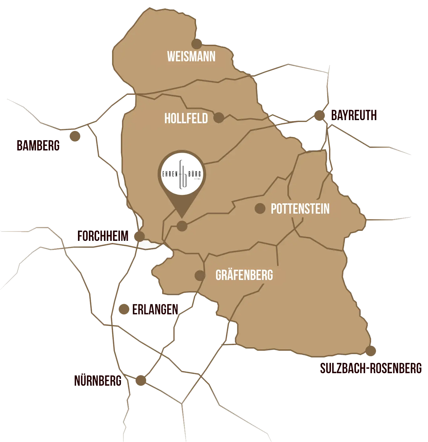 Übersichtskarte der Fränkischen Schweiz mit markierter Ehrenbürg bei Forchheim und umliegenden Städten.